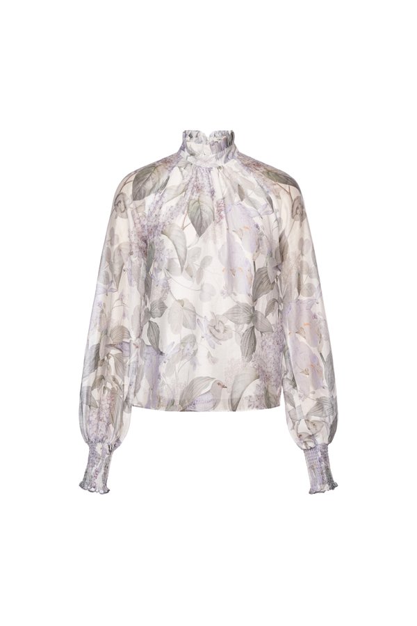 Evanthe Billowy Sleeves High Neck Top in White Whispering Lilac Grove