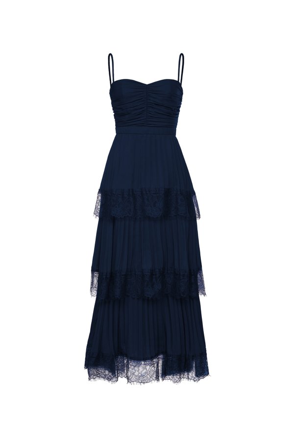 Hedley Pleated Tier Midi Dress in Navy Blue