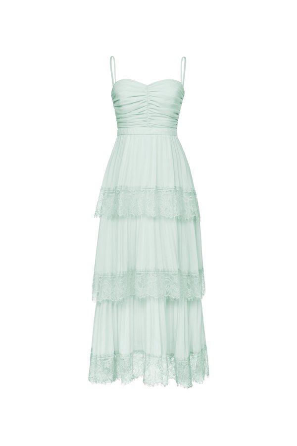 Hedley Pleated Tier Midi Dress in Sage Mint