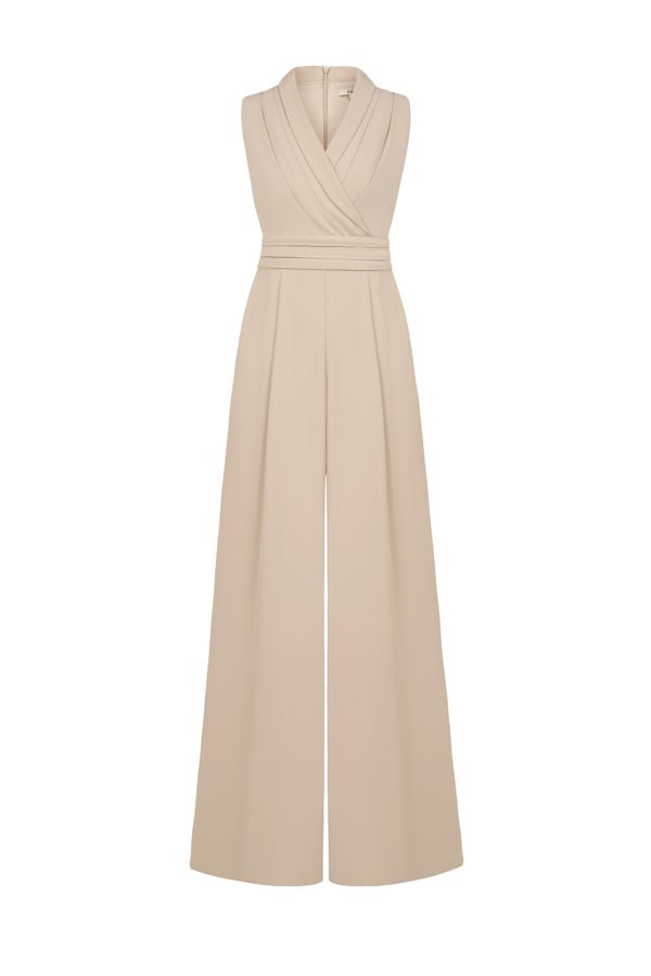 Jaxie Pleated V-Neckline Jumpsuit in Latte
