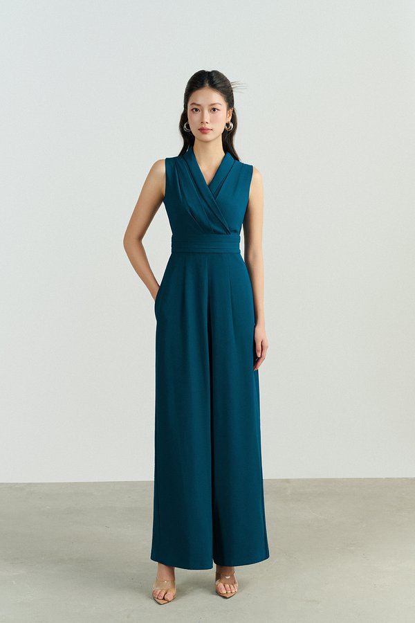 Jaxie Pleated V-Neckline Jumpsuit in Teal Blue