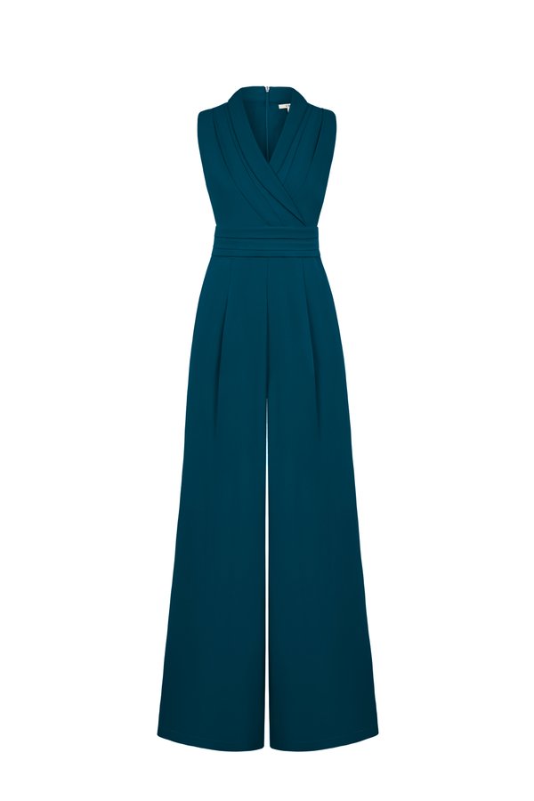 Jaxie Pleated V-Neckline Jumpsuit in Teal Blue