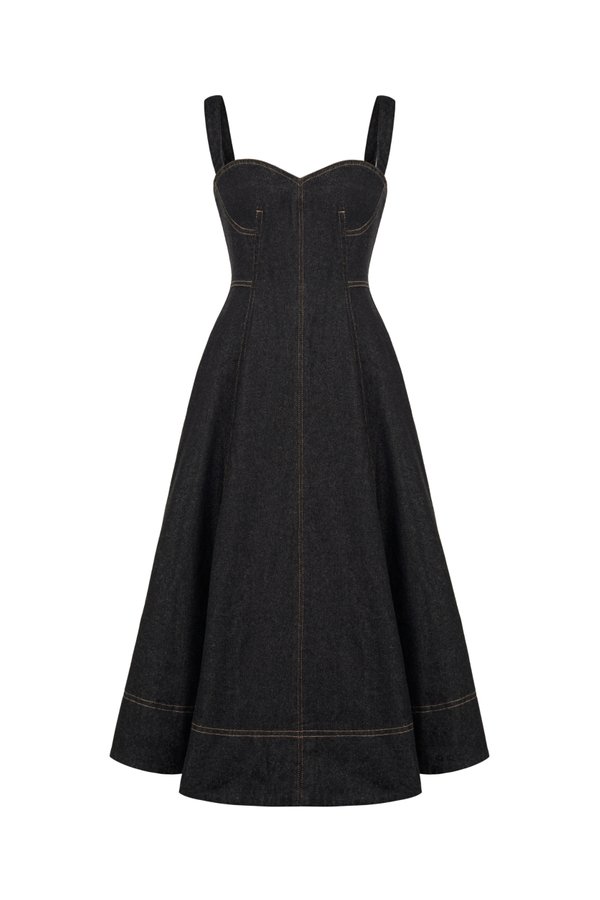 Mavis Bustier Denim Midi Dress in Black Denim