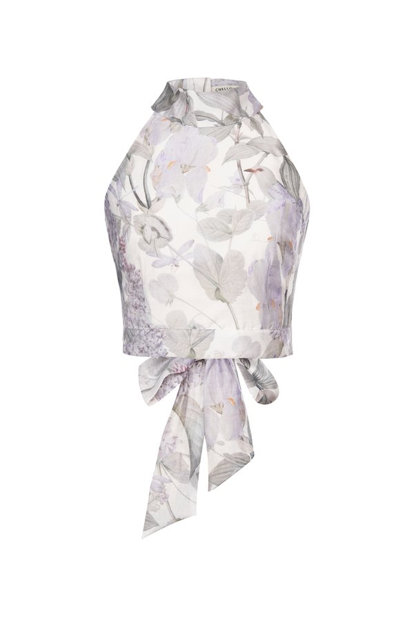 Nadine Padded Halter Open Back Ribbon Top in White Whispering Lilac Grove