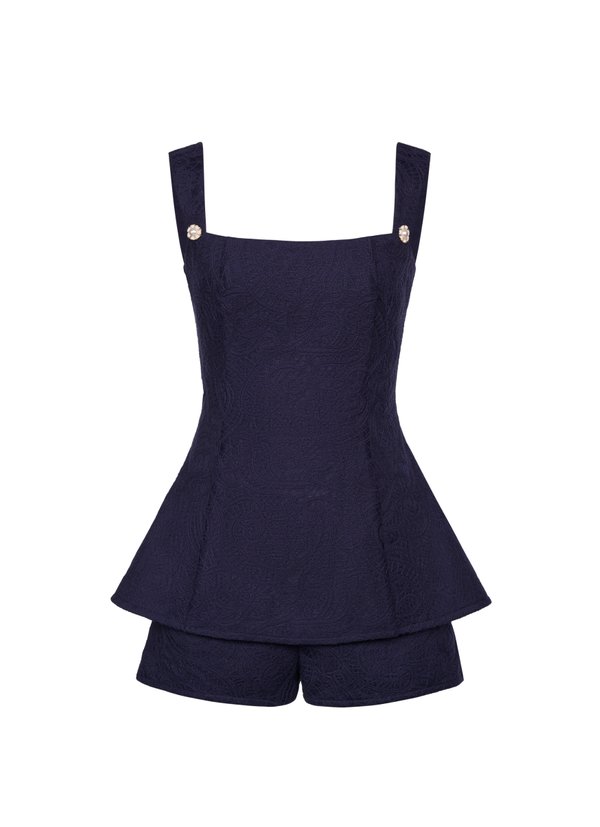 Olivia Peplum Crochet Romper in Indigo Blue