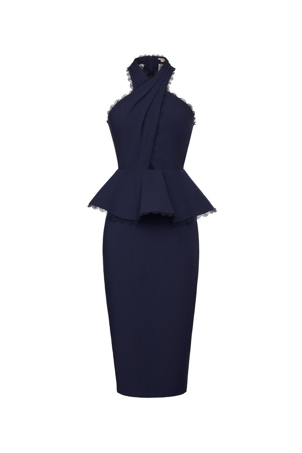 Rayen Cross Pleated Halter Peplum Pencil Dress in Navy Blue