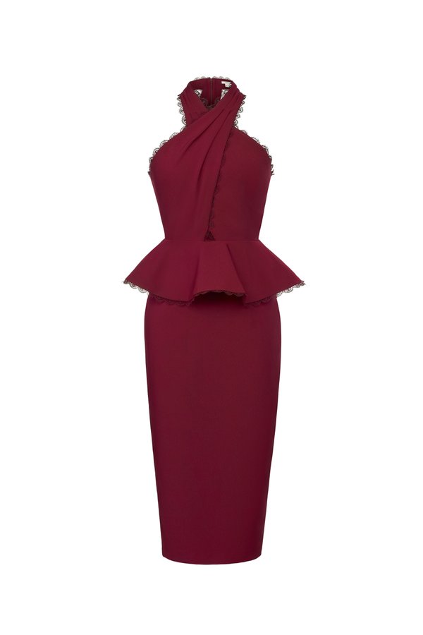 Rayen Cross Pleated Halter Peplum Pencil Dress in Wine Red
