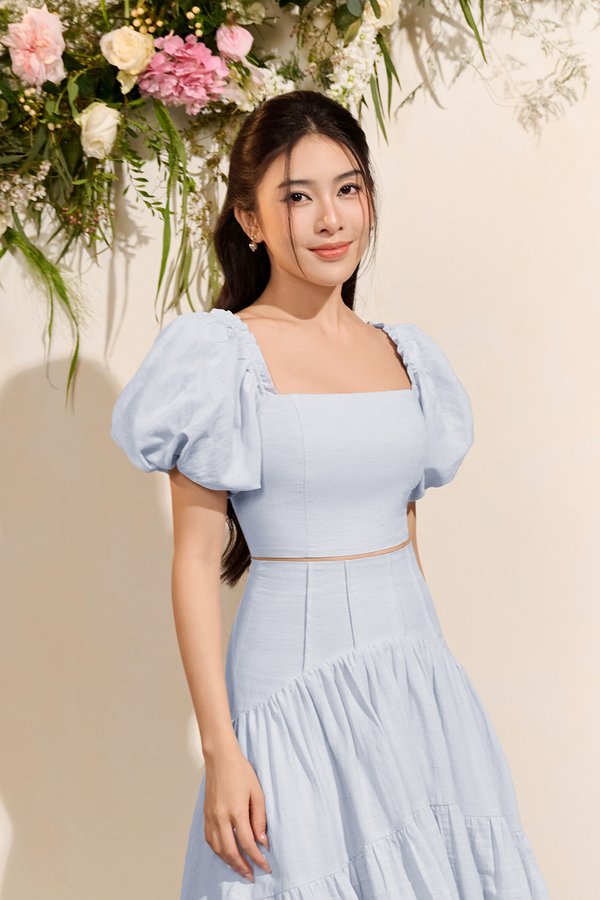 Wynne Padded Puff Sleeves Cropped Top in Ice Blue