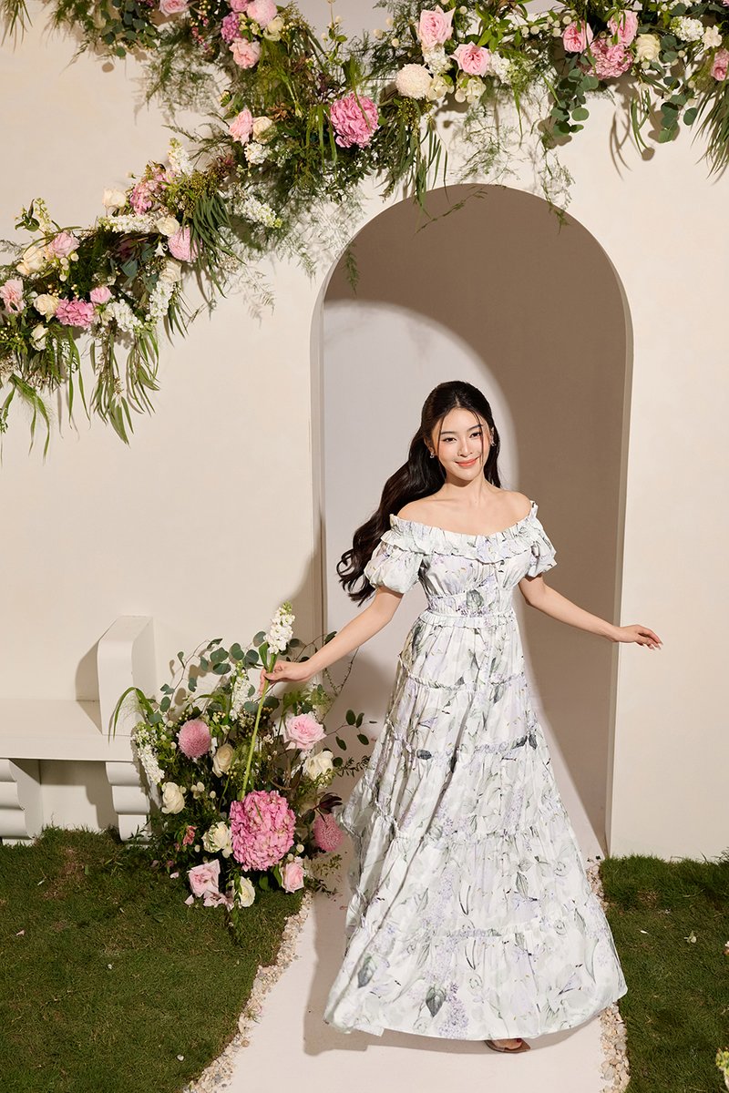 Violette Off Shoulder Maxi Dress in White Whispering Lilac Grove