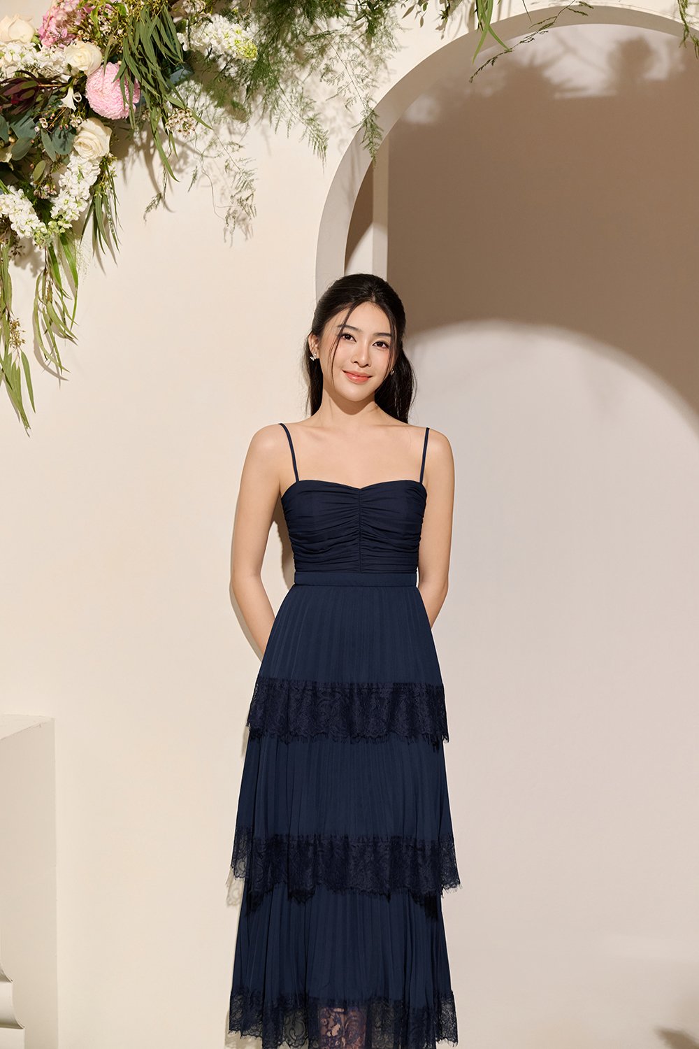 Hedley Pleated Tier Midi Dress in Navy Blue