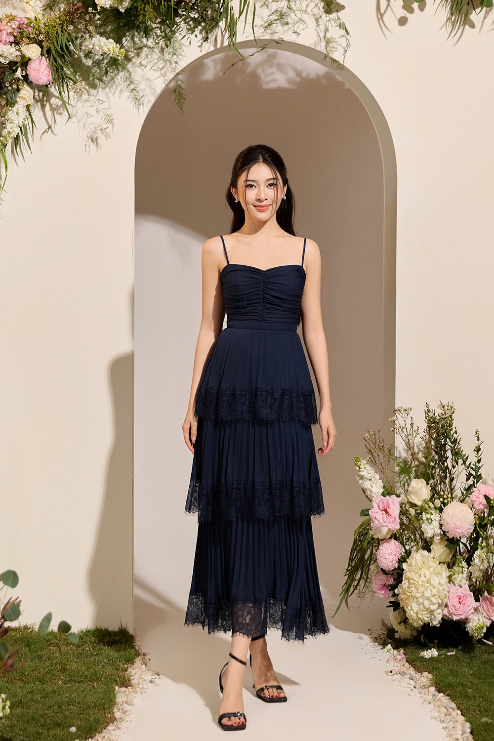 Hedley Pleated Tier Midi Dress in Navy Blue