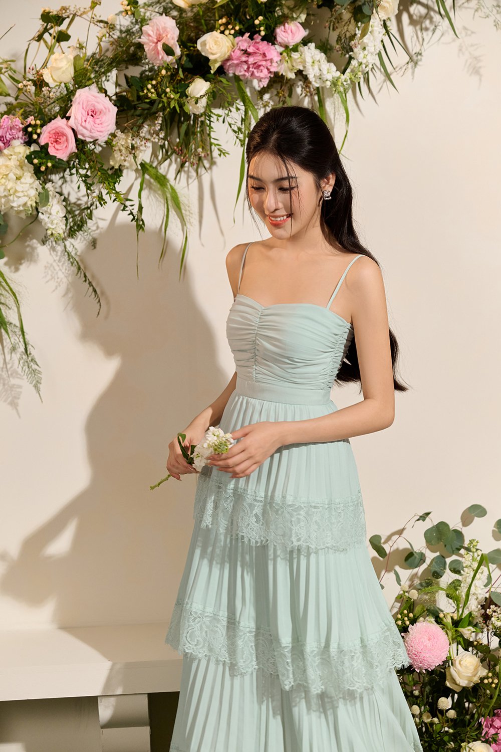 Hedley Pleated Tier Midi Dress in Sage Mint