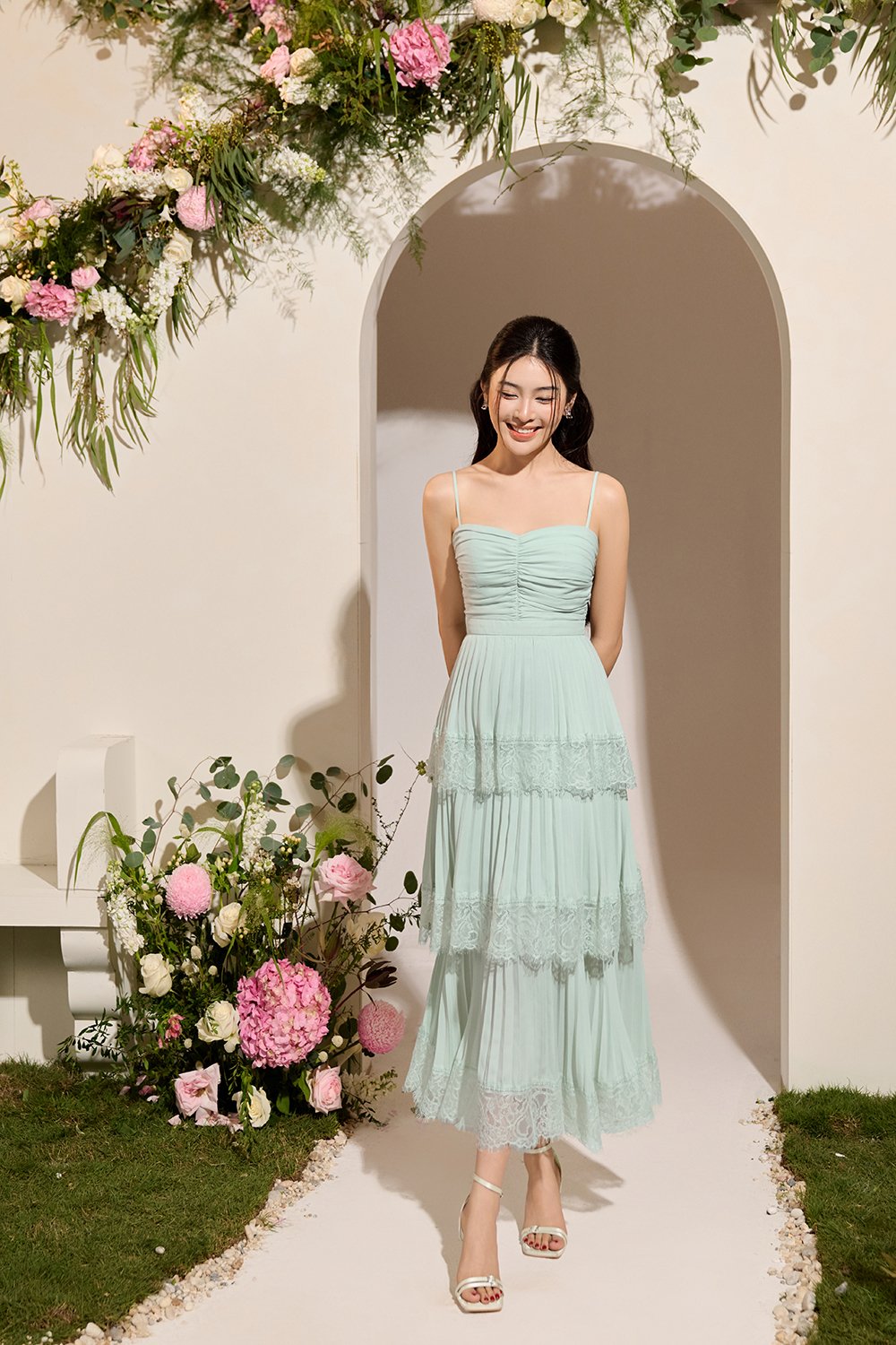 Hedley Pleated Tier Midi Dress in Sage Mint