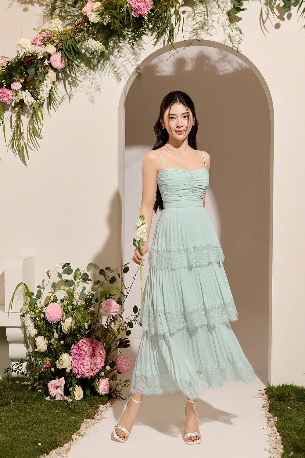 Hedley Pleated Tier Midi Dress in Sage Mint