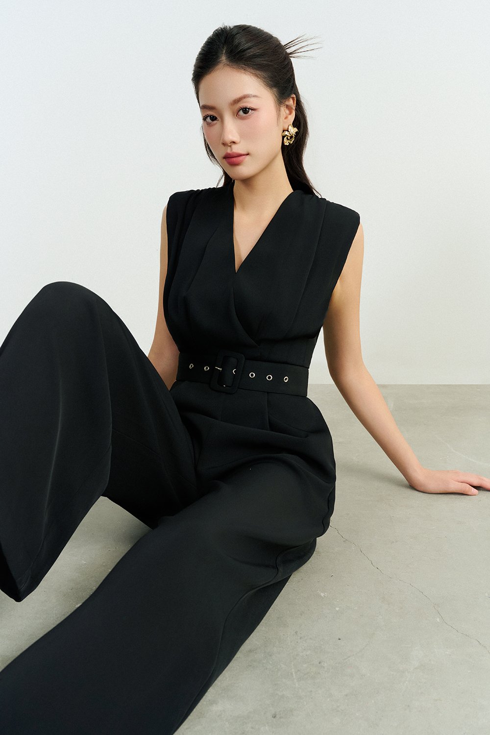 Alyse Pleated V-Neckline Jumpsuit in Classic Black