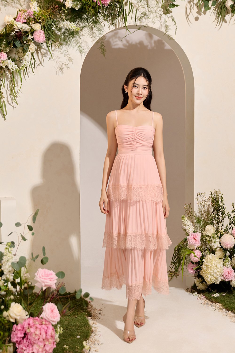 Hedley Pleated Tier Midi Dress in Peach Coral