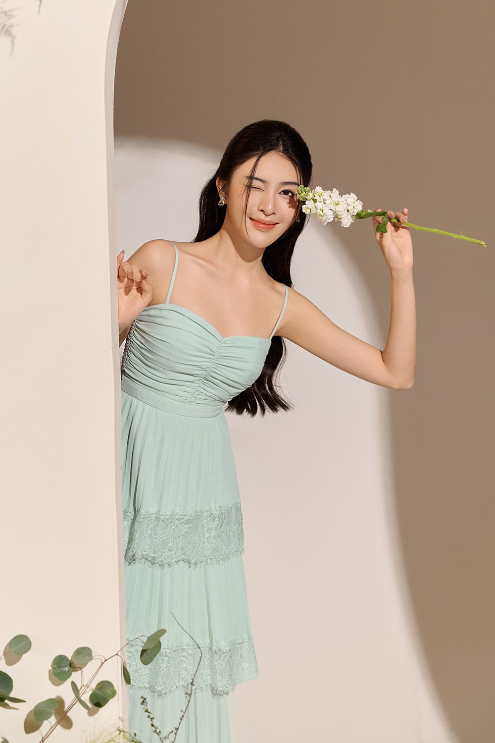 Hedley Pleated Tier Midi Dress in Sage Mint