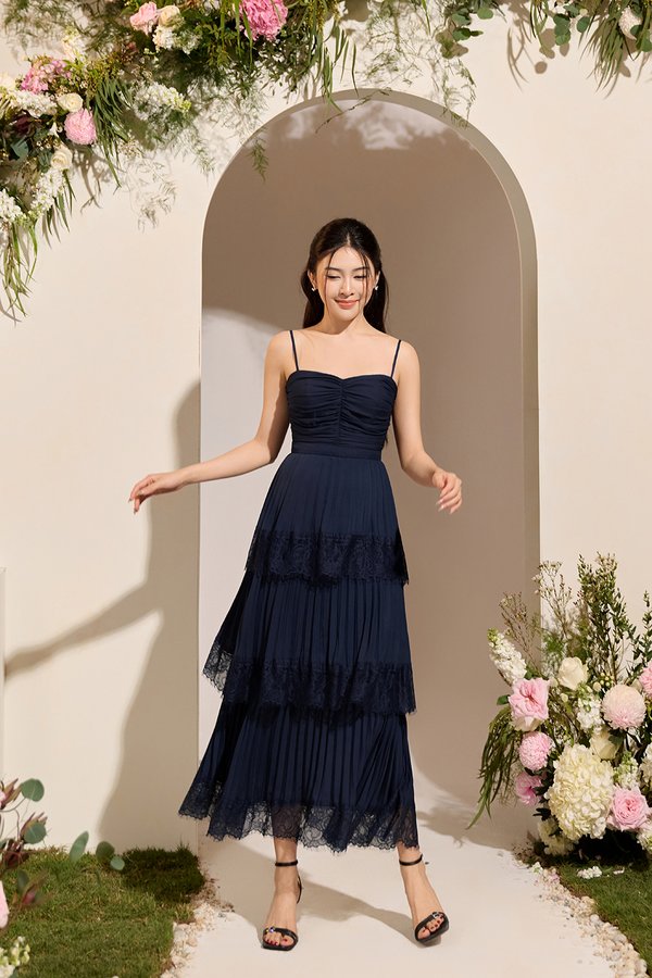 Hedley Pleated Tier Midi Dress in Navy Blue