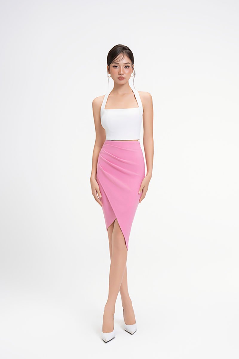 Arianna Side Ruches Wrap Pencil Skirt in Candy Pink