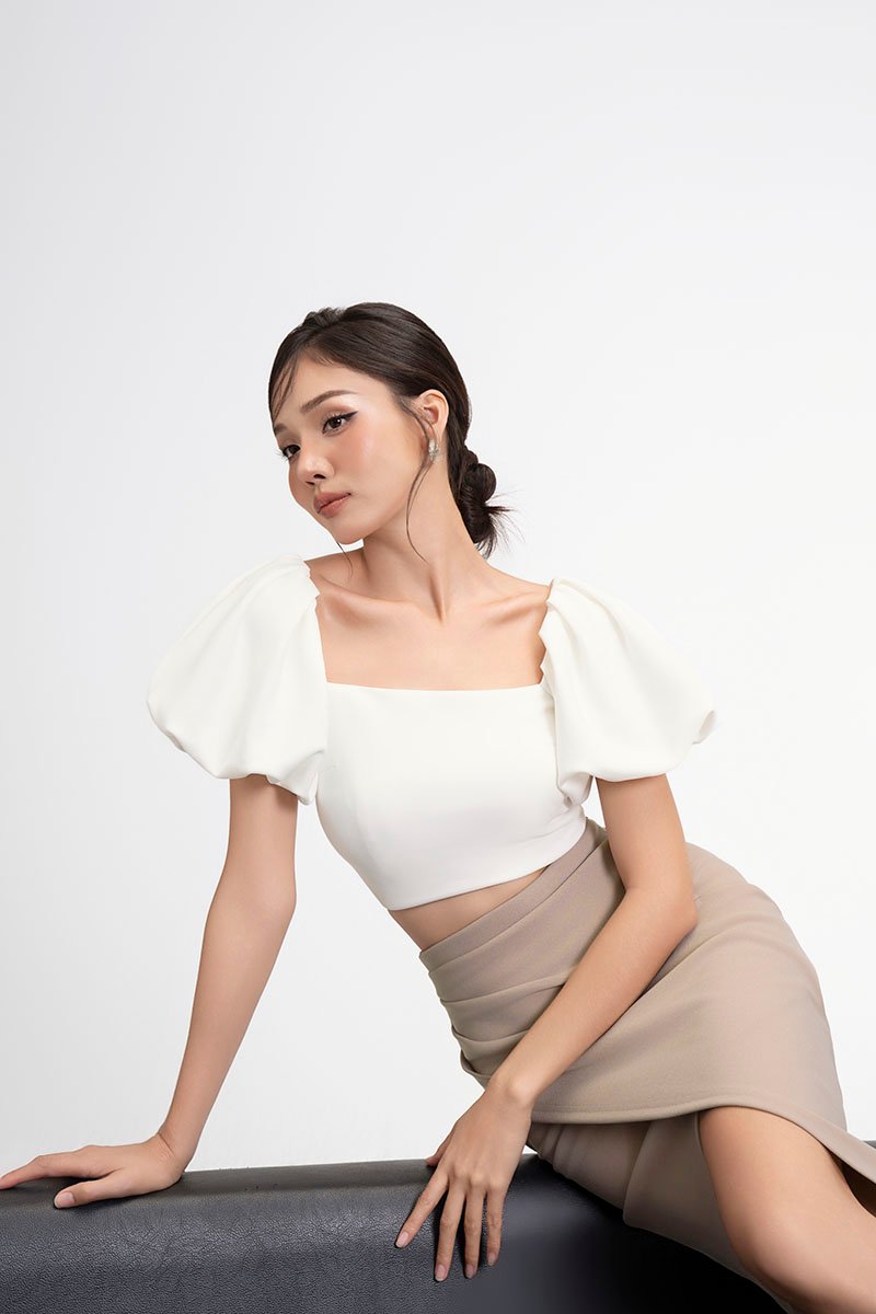 Arianna Side Ruches Wrap Pencil Skirt in Stone