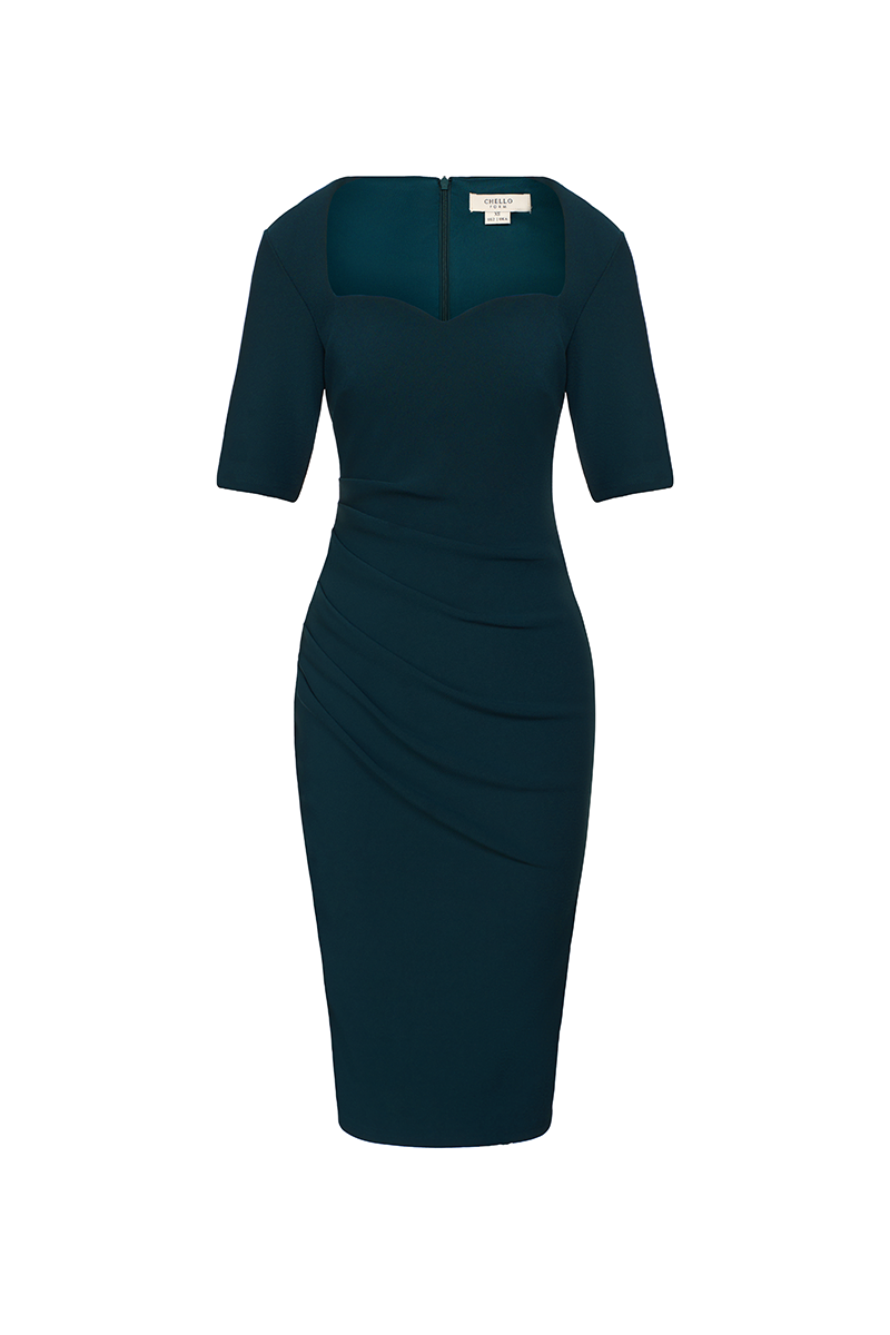 Ayla Padded Sweetheart Short Sleeve Dress in Emerald Green