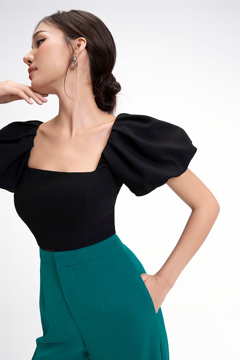Calista Padded Puffy Sleeves Top in Classic Black