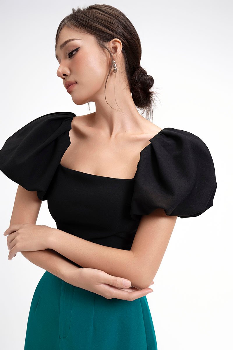 Calista Padded Puffy Sleeves Top in Classic Black