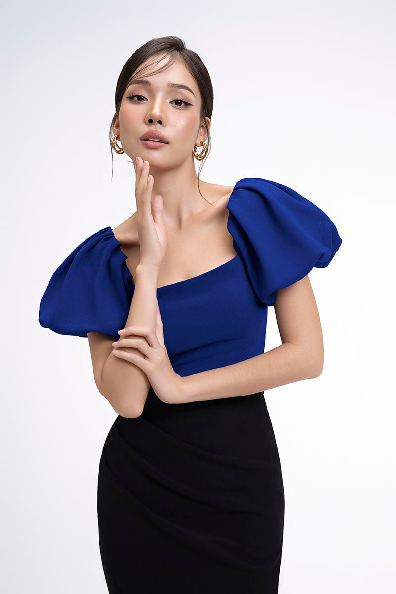 Calista Padded Puffy Sleeves Top in Cobalt Blue