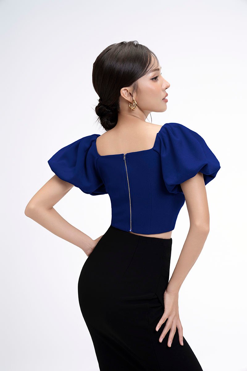 Calista Padded Puffy Sleeves Top in Cobalt Blue