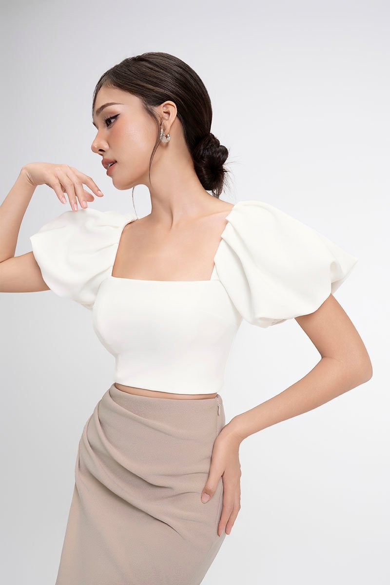 Calista Padded Puffy Sleeves Top in Iconic White