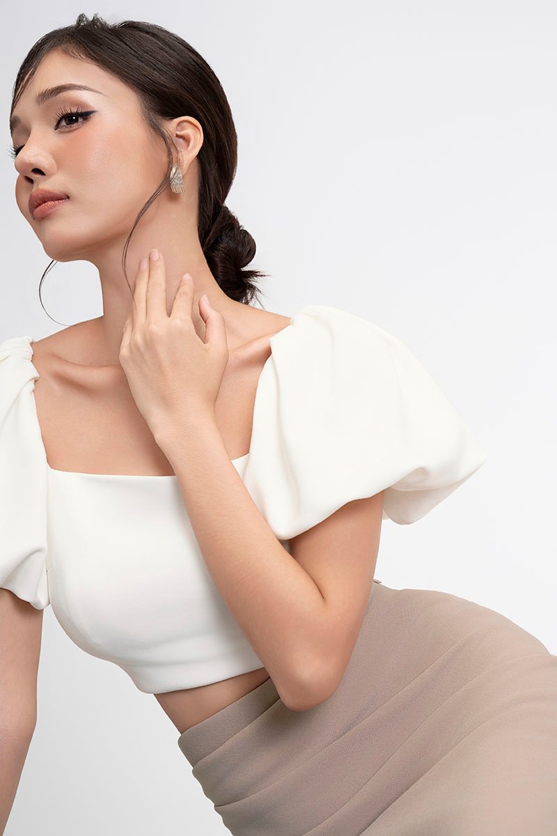 Calista Padded Puffy Sleeves Top in Iconic White