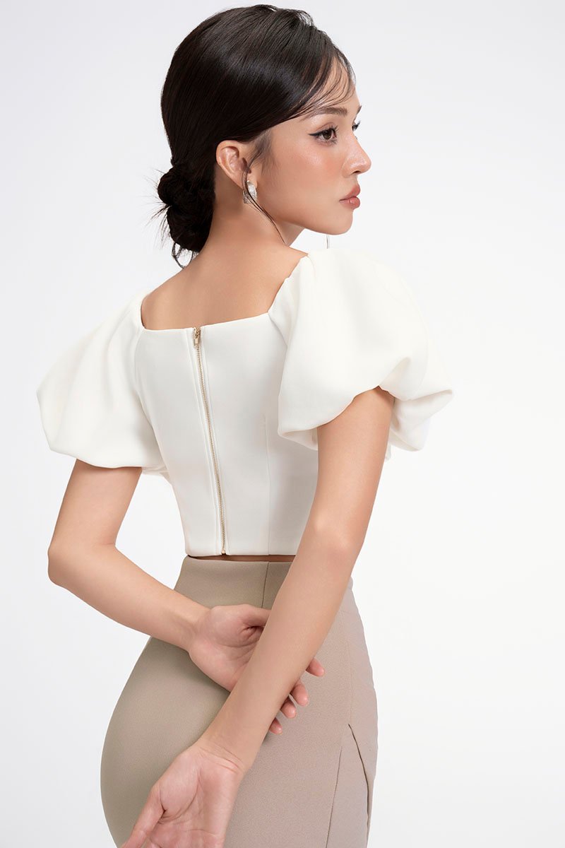 Calista Padded Puffy Sleeves Top in Iconic White