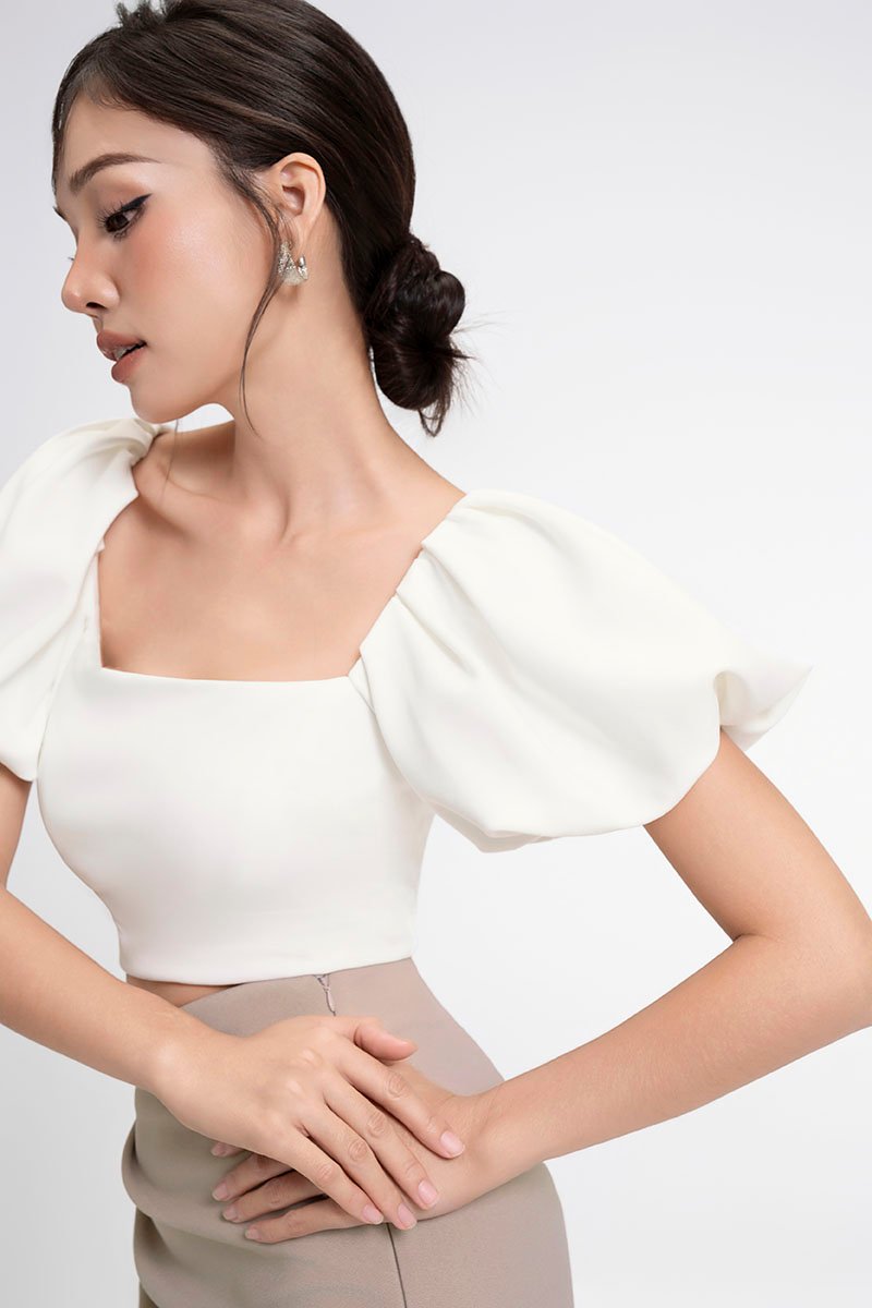 Calista Padded Puffy Sleeves Top in Iconic White