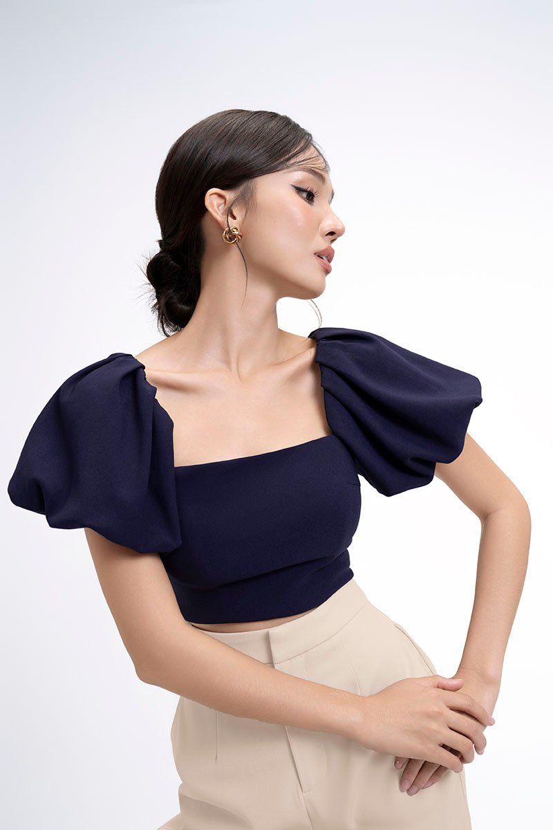 Calista Padded Puffy Sleeves Top in Navy Blue