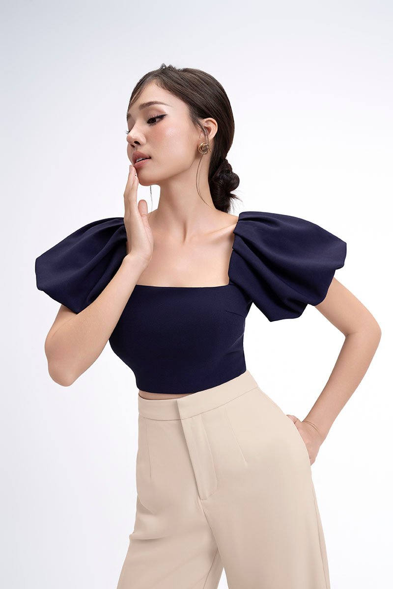 Calista Padded Puffy Sleeves Top in Navy Blue