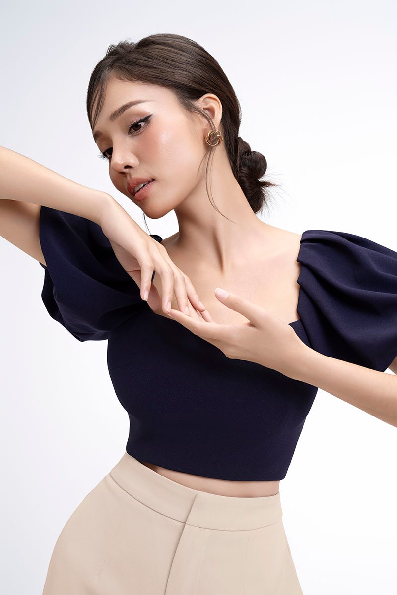 Calista Padded Puffy Sleeves Top in Navy Blue