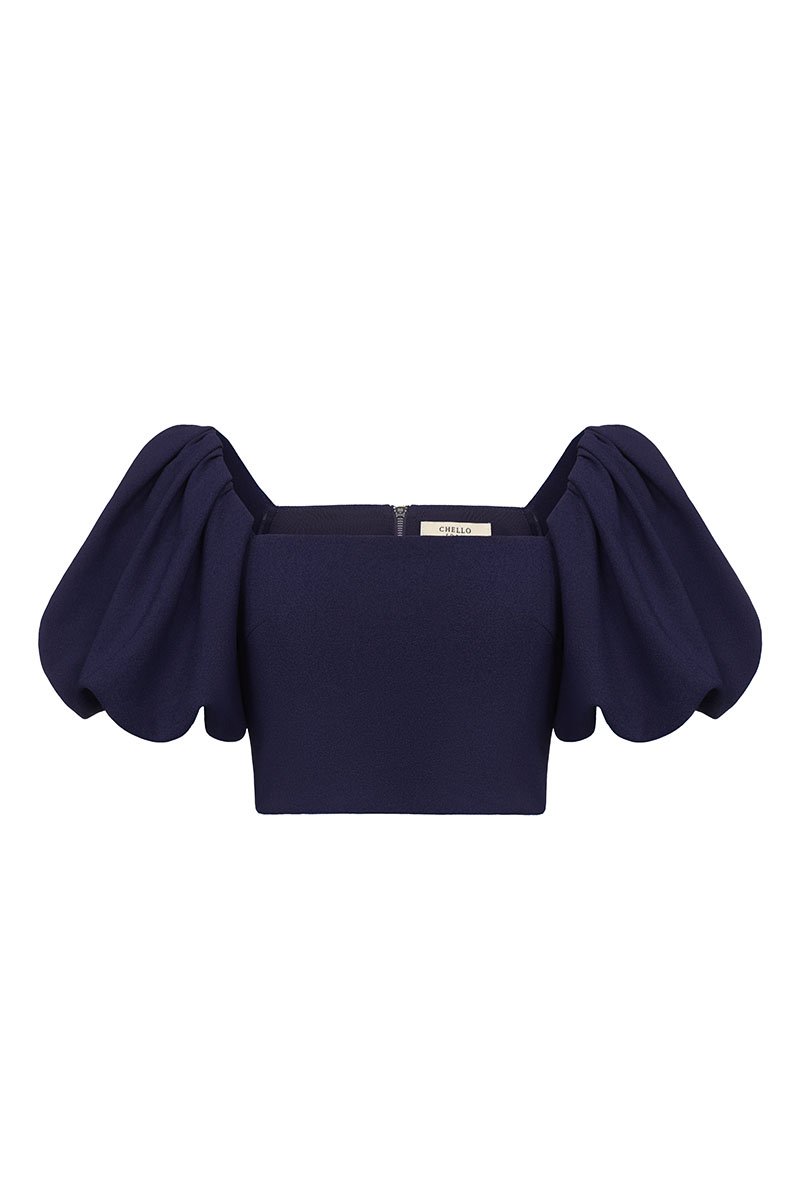 Calista Padded Puffy Sleeves Top in Navy Blue