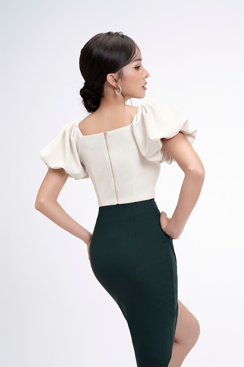 Calista Padded Puffy Sleeves Top in Ivory