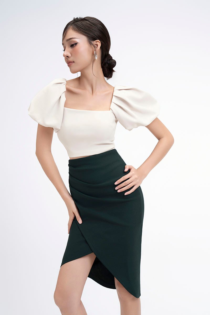 Arianna Side Ruches Wrap Pencil Skirt in Emerald Green