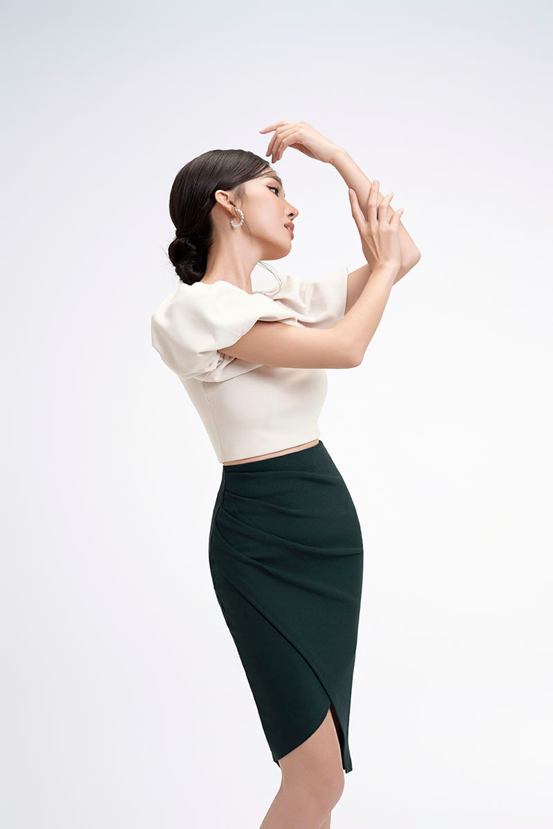 Arianna Side Ruches Wrap Pencil Skirt in Emerald Green