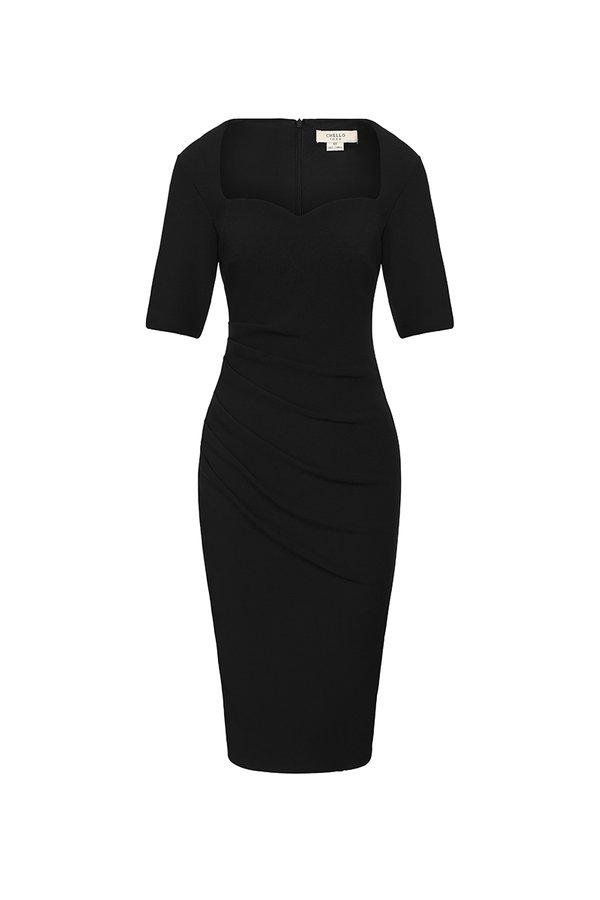 Ayla Padded Sweetheart Short Sleeve Dress in Classic Black