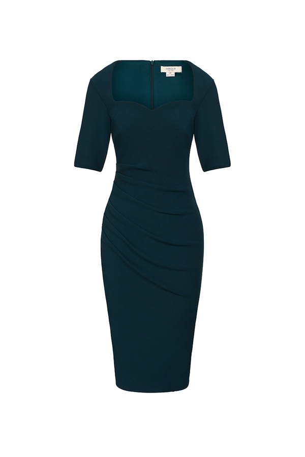 Ayla Padded Sweetheart Short Sleeve Dress in Emerald Green
