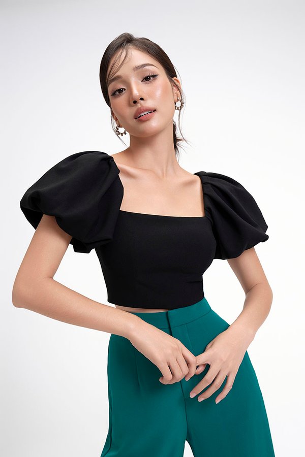 Calista Padded Puffy Sleeves Top in Classic Black