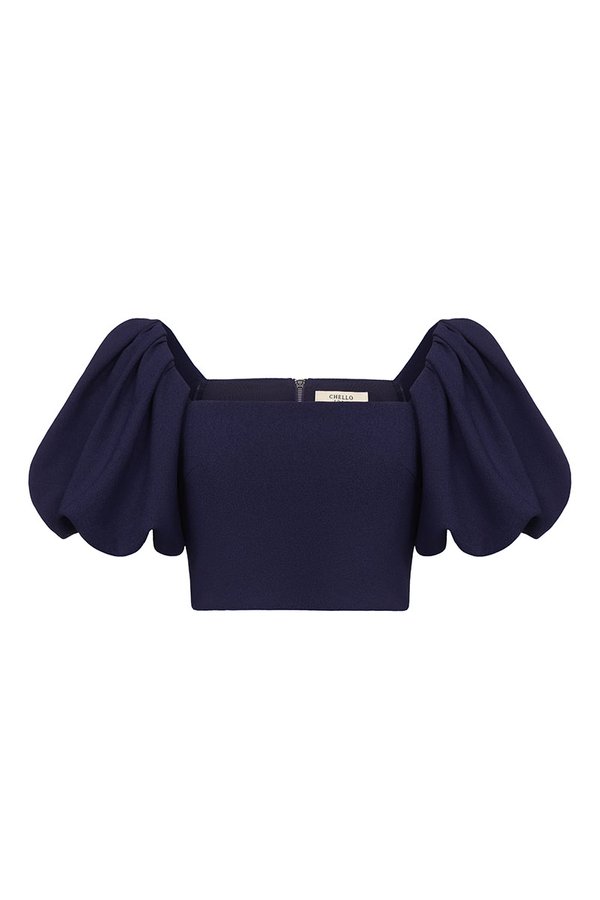 Calista Padded Puffy Sleeves Top in Navy Blue