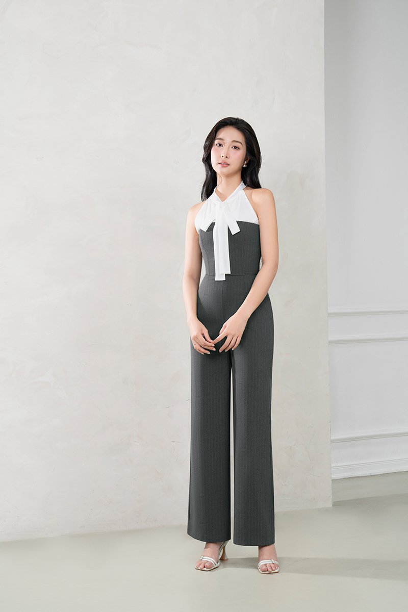 Seulgi Padded Pinstripe Jumpsuit in Mid Grey Pinstripe