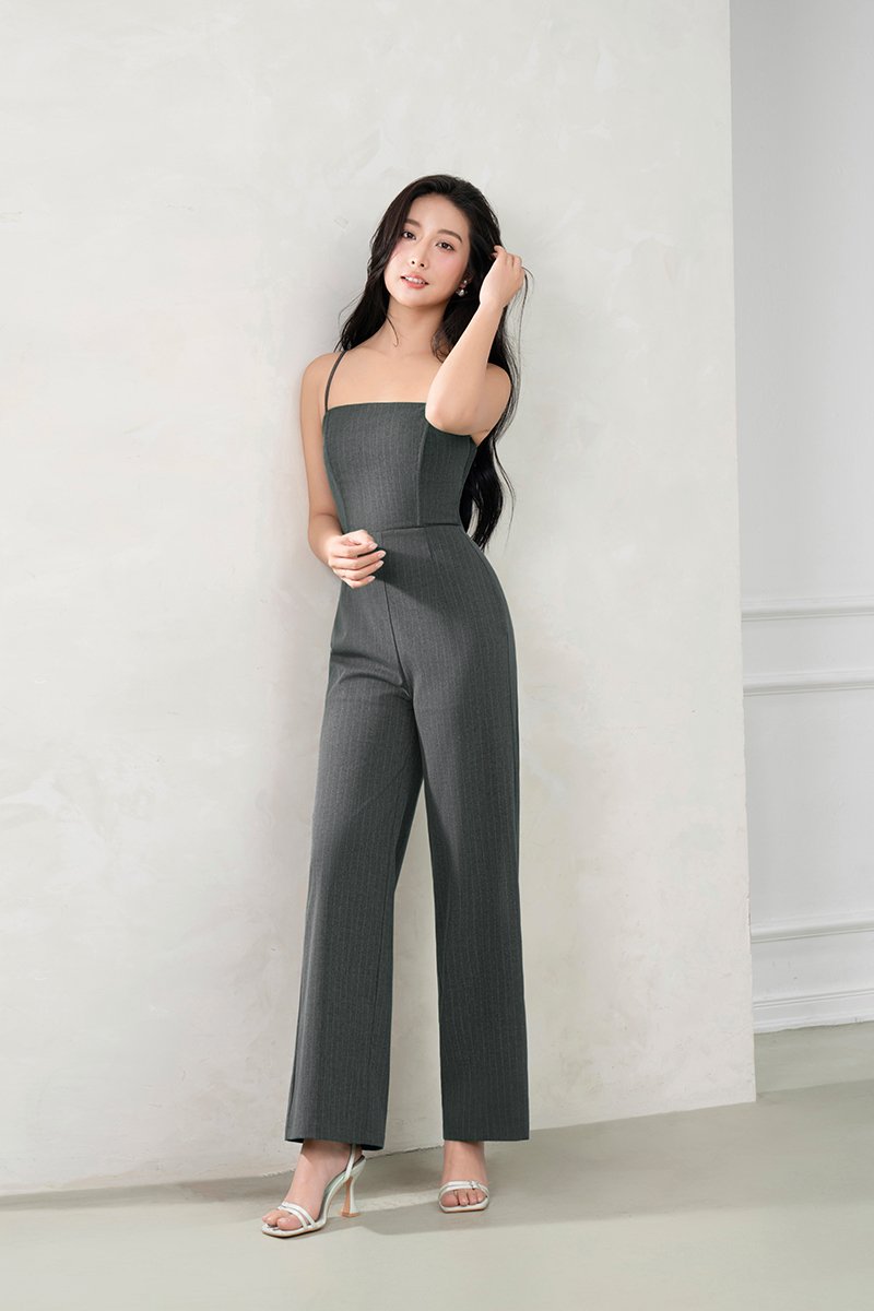 Seulgi Padded Pinstripe Jumpsuit in Mid Grey Pinstripe