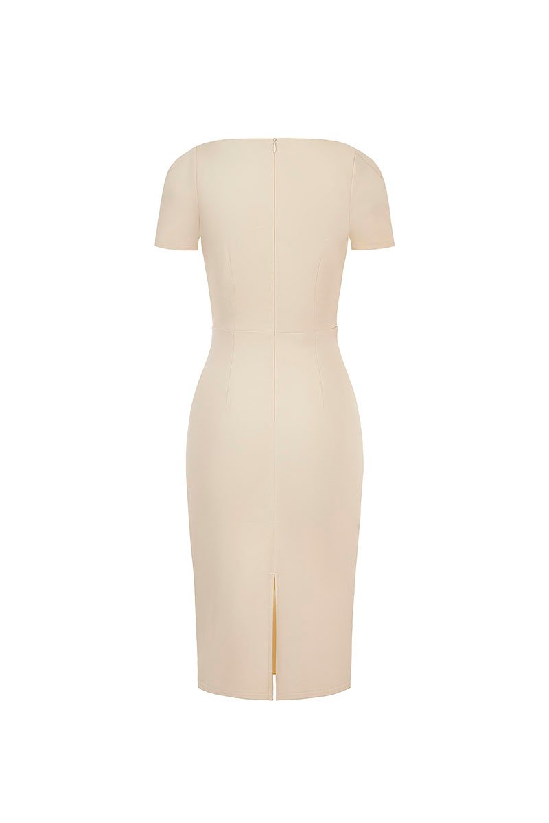 Arin Padded Asymmetrical Pencil Dress in Light Bisque