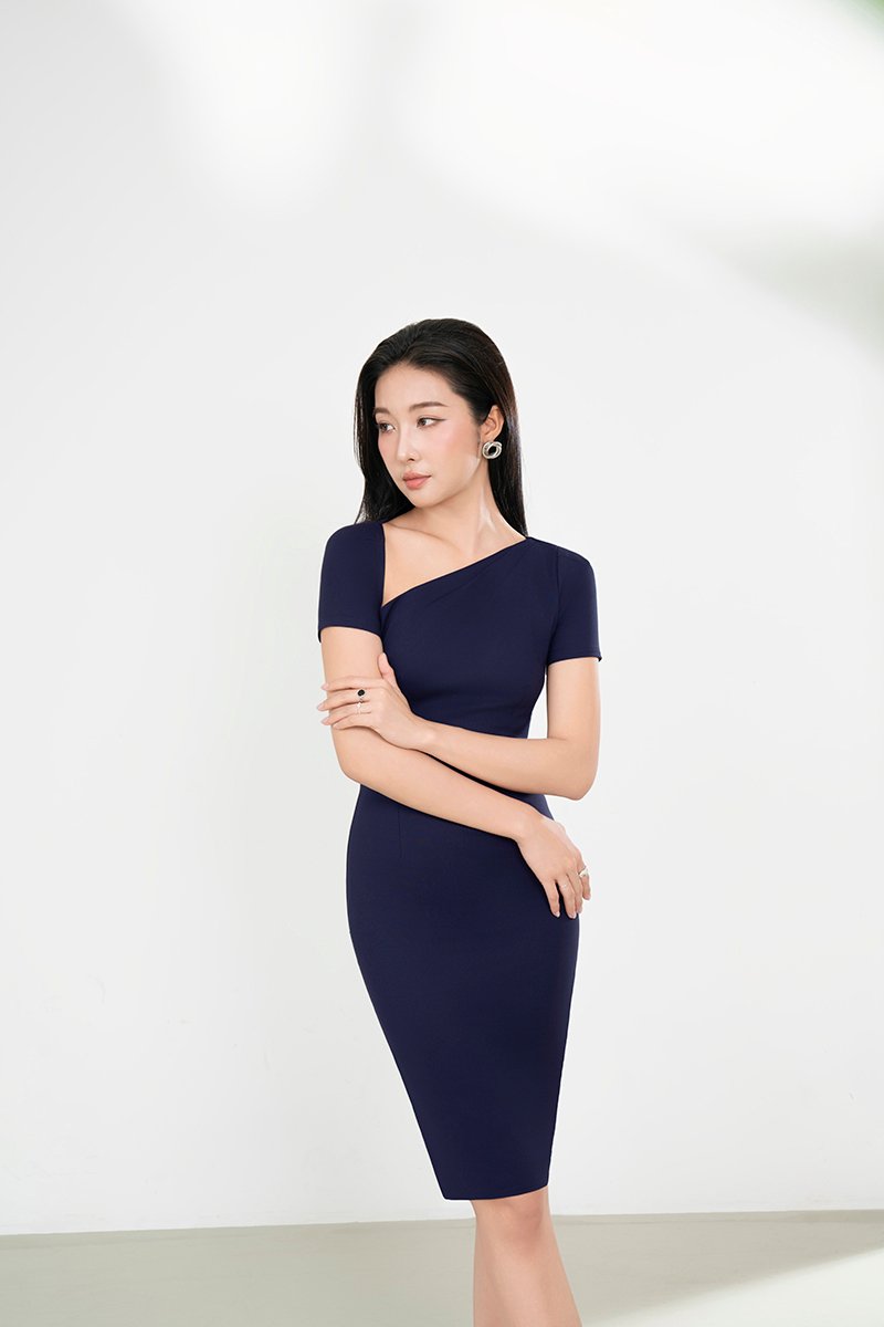 Arin Padded Asymmetrical Pencil Dress in Navy Blue