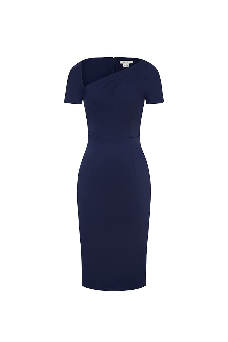 Arin Padded Asymmetrical Pencil Dress in Navy Blue