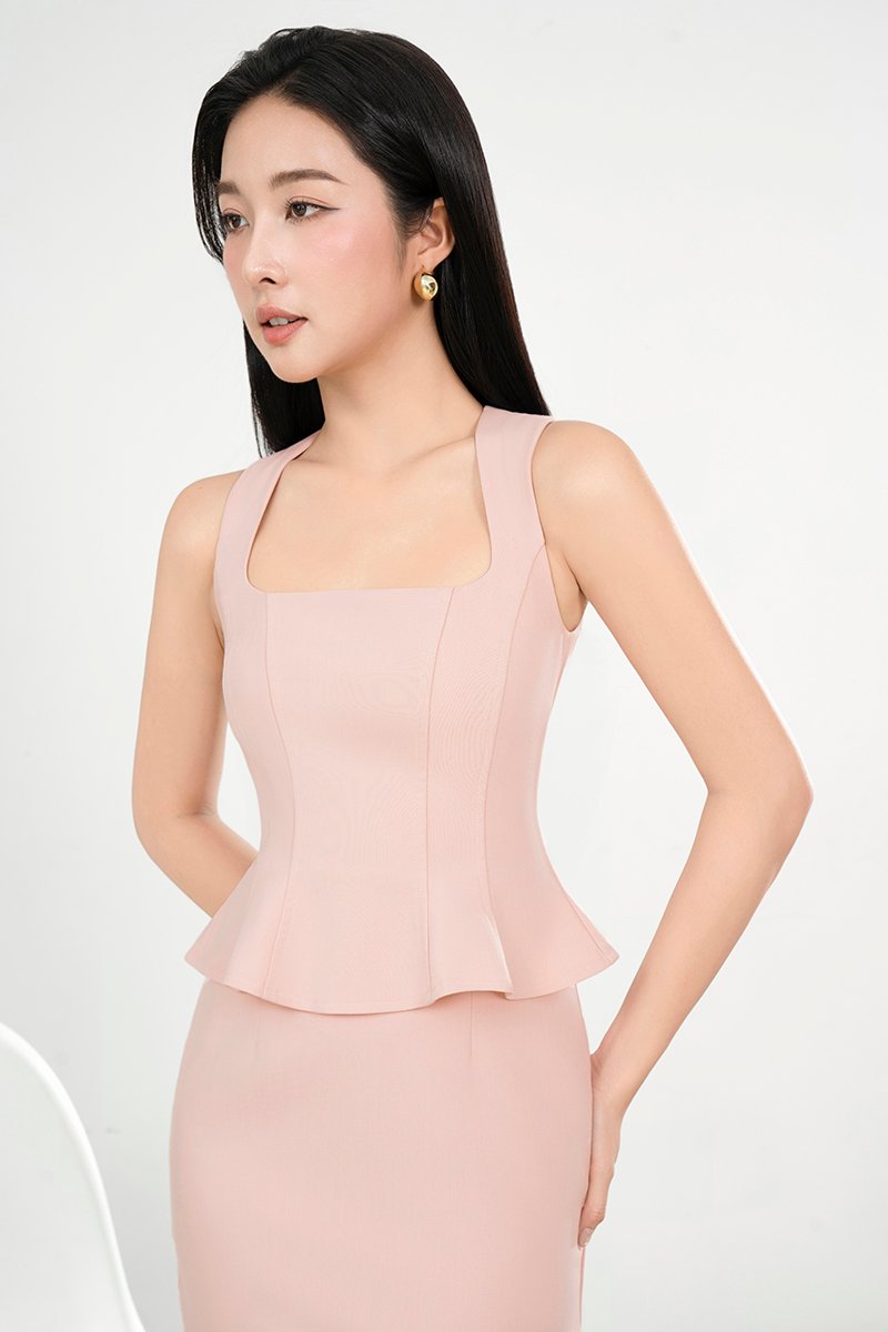 Asa Queen Anne Peplum Pencil Dress in Nude Pink